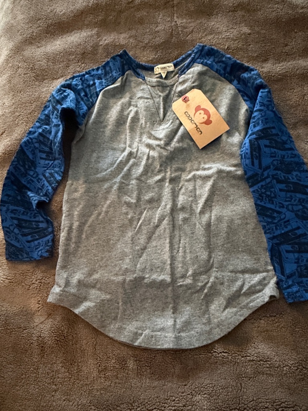 Appaman Grey Body with Blue Patterned Raglan Long Sleeve Tee